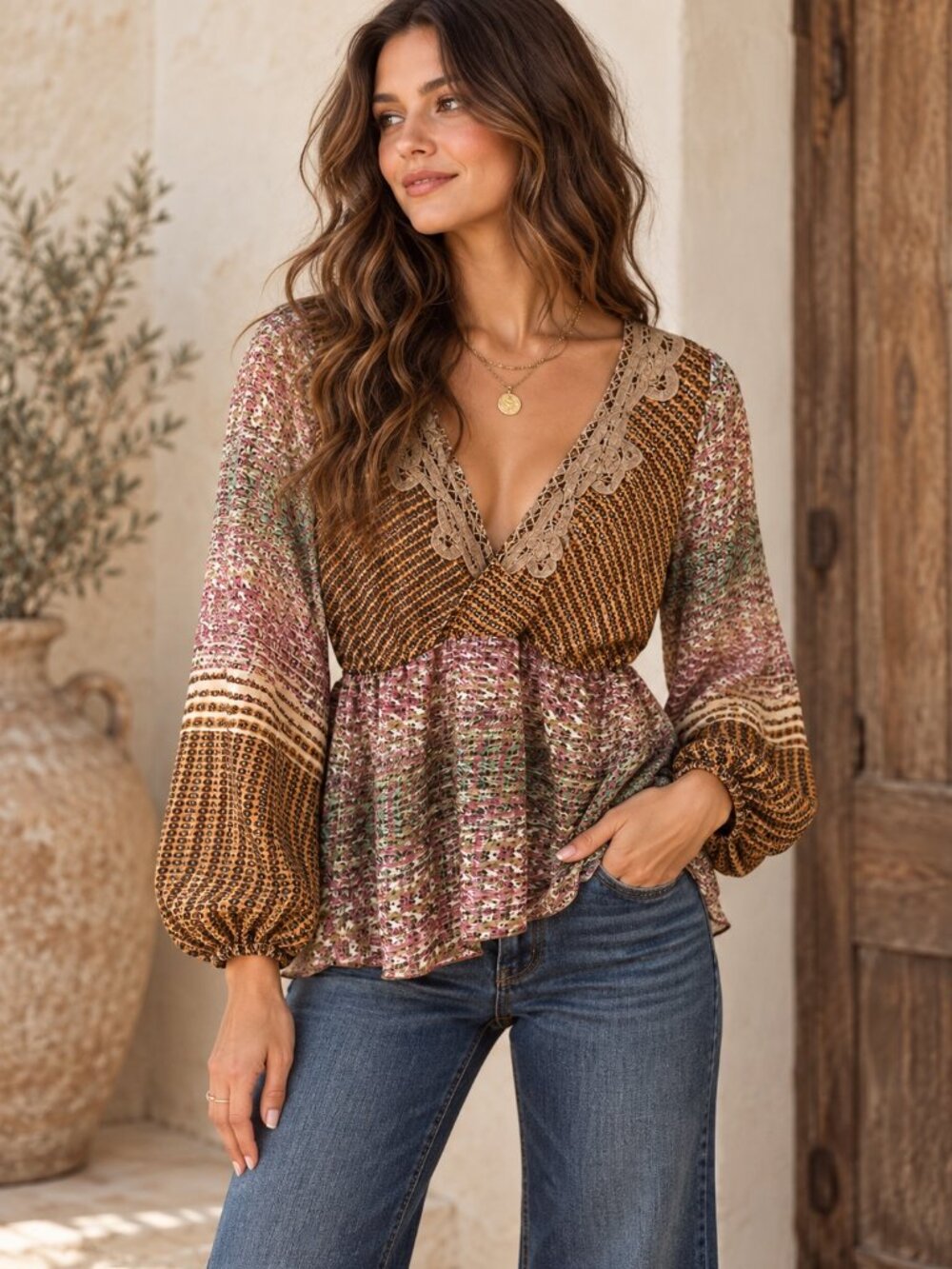 BKE Mixed Print Boho Top Womens Size S Lace Trim Surplice Tie Back 70s Hippie